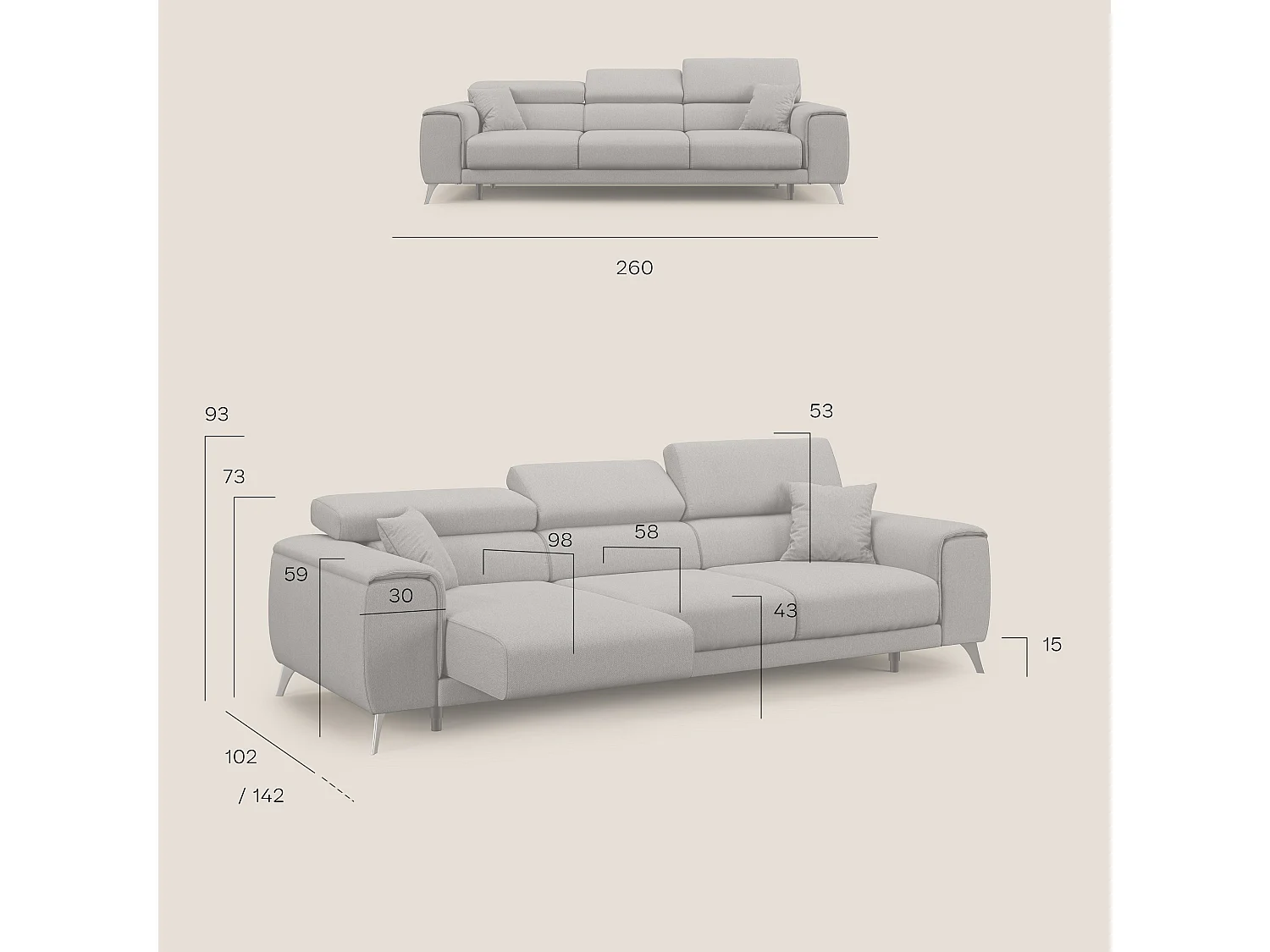 Fusion Canapé avec 3 assises coulissantes en tissu doux antitache T05 260 cm rouge