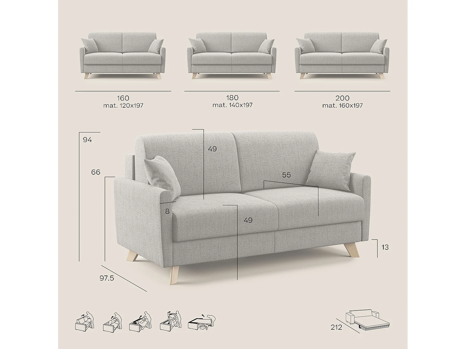 Edgar Schlafsofa aus wasserfestem felis Stoff T03 200 cm (mat. 160x197) braun