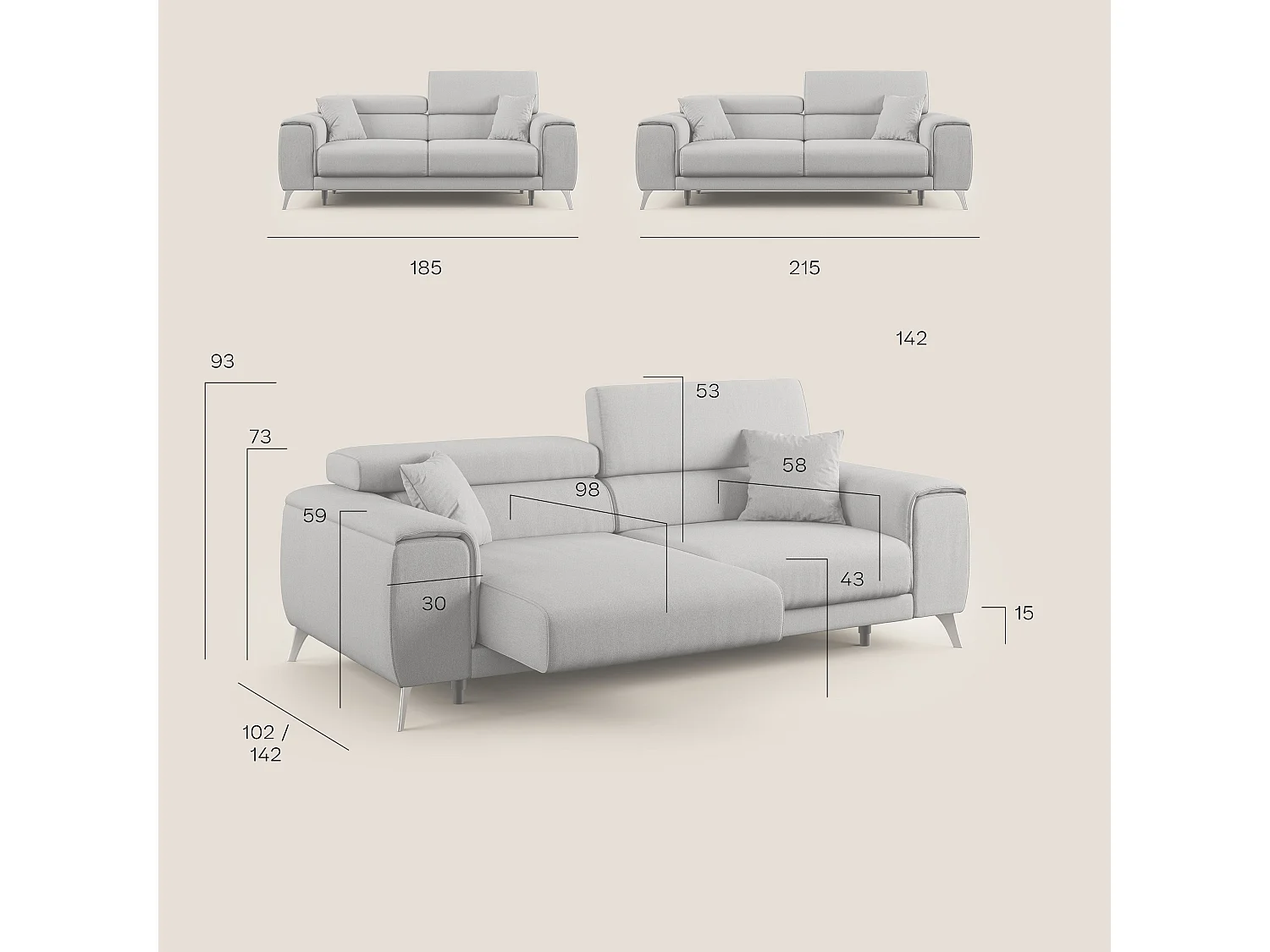 Fusion Sofa mit Schiebesitzen aus abwaschbarem Stoff T05 185 cm beige