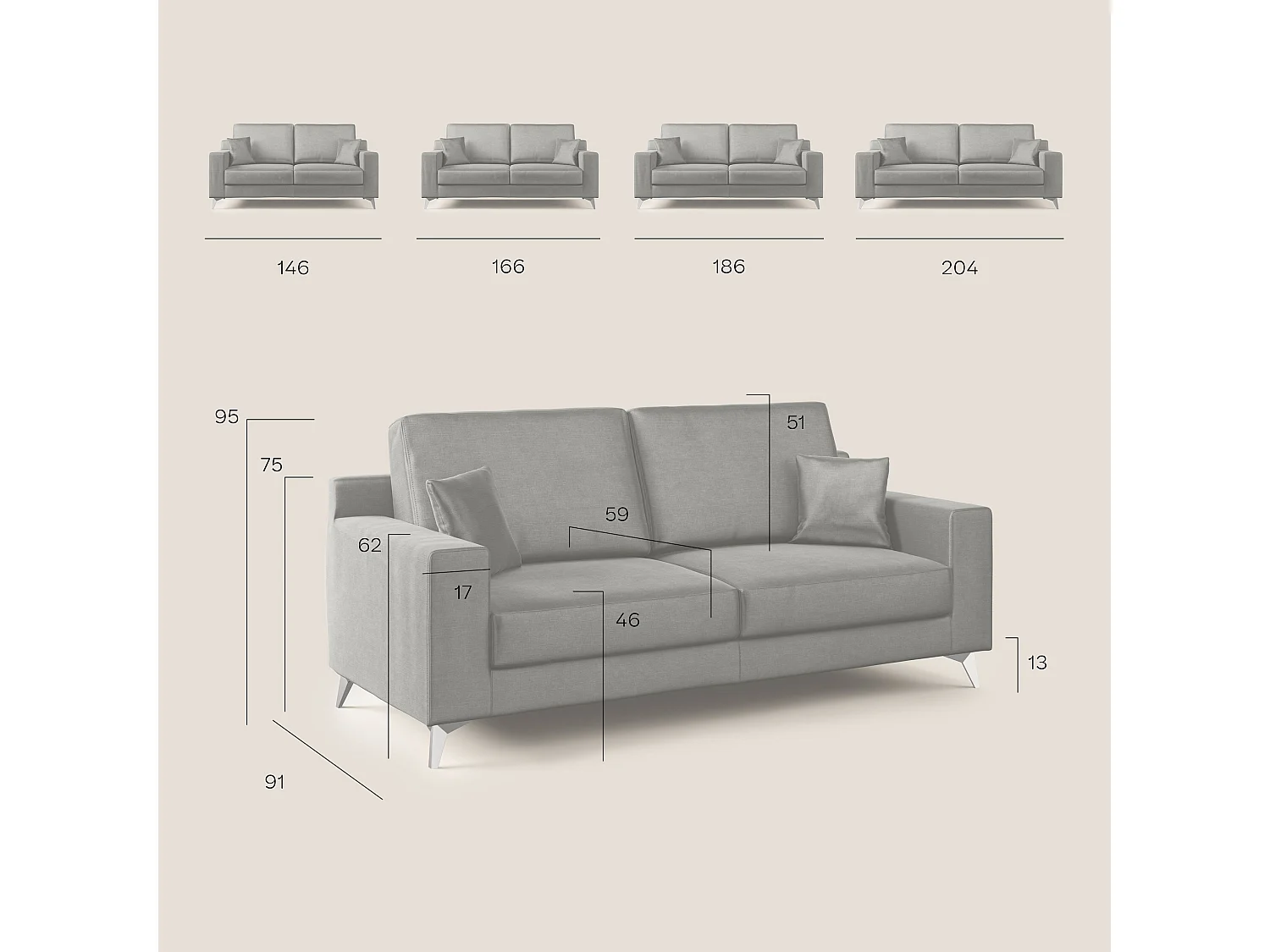 Michael Sofa aus schmutzabweisendem, wasserfestem Stoff T03 166 cm Taupe