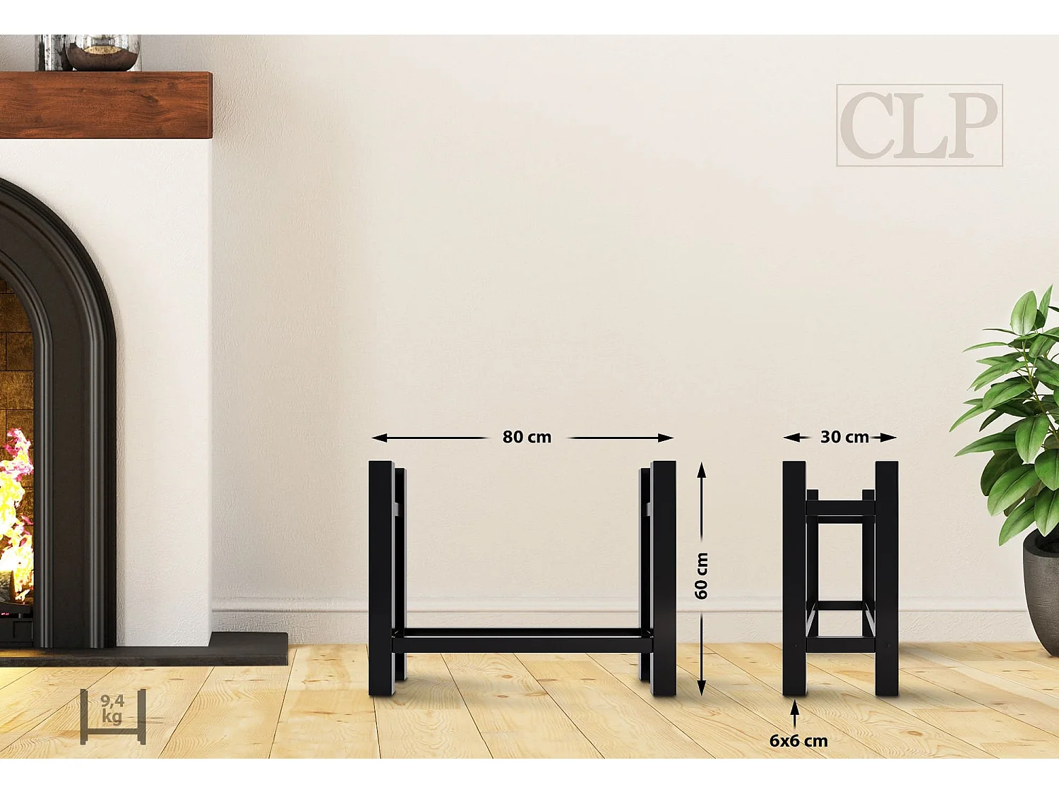 Leñero soportes para leña almacenamiento de metal negro cuadrada 30x80x60 cm M10_000574