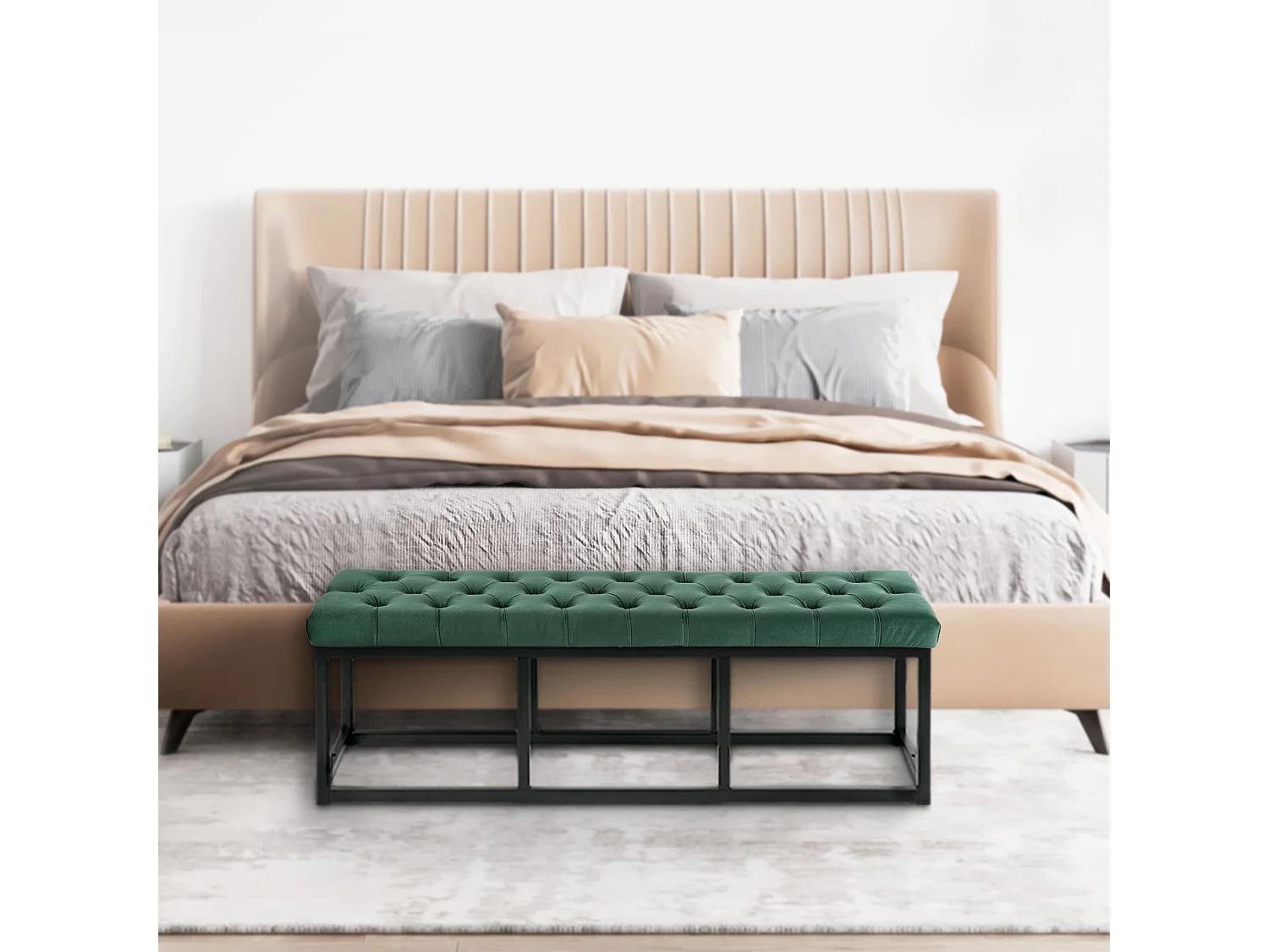 Banco banqueta pie de cama asiento diseño moderno tapizado 120 cm terciopelo verde metal negro mate M10_000121