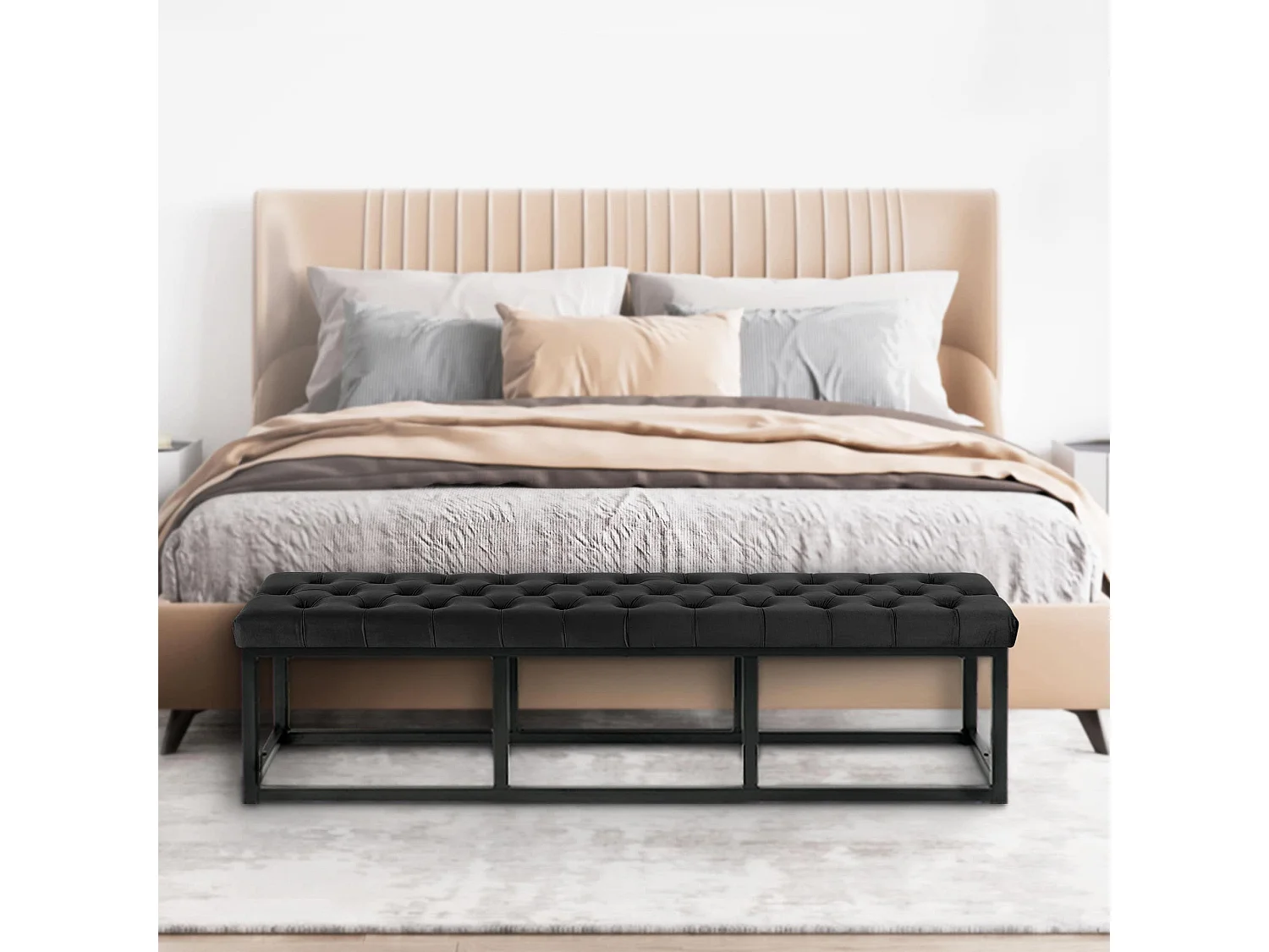 Banco banqueta pie de cama asiento diseño moderno tapizado 150 cm terciopelo negro metal negro mate M10_000120