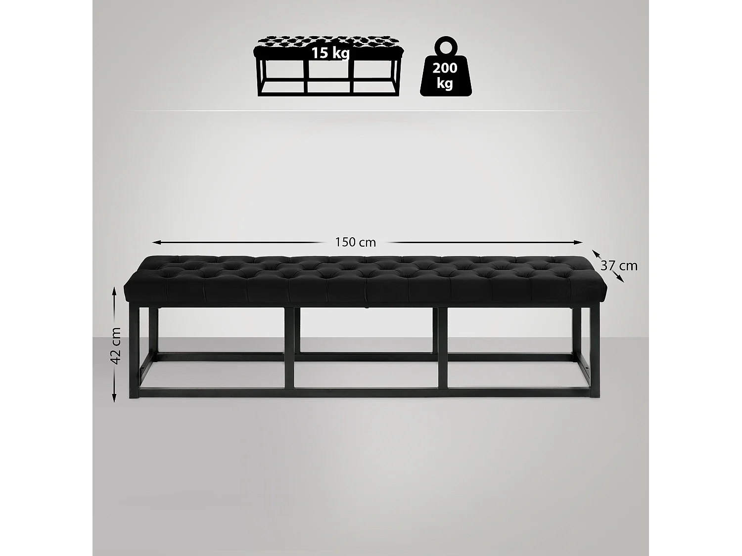 Banco banqueta pie de cama asiento diseño moderno tapizado 150 cm terciopelo negro metal negro mate M10_000120