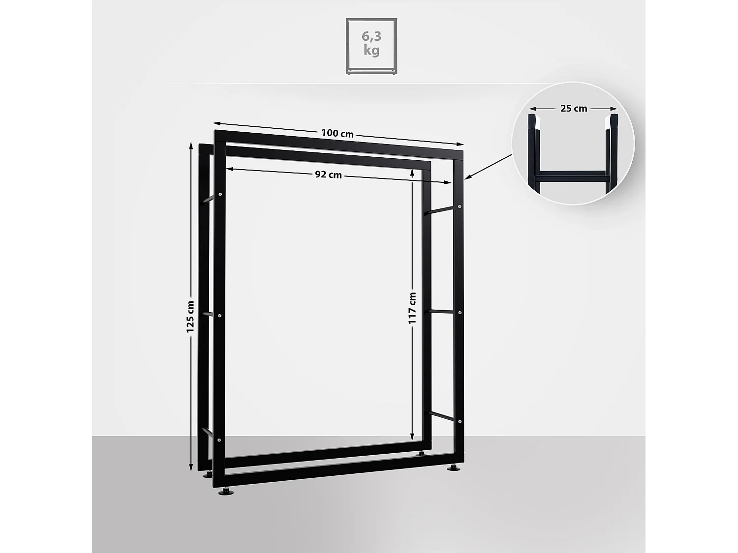 Leñero soportes para leña almacenamiento de metal negro negro 25x100x125 cm metal M10_000551