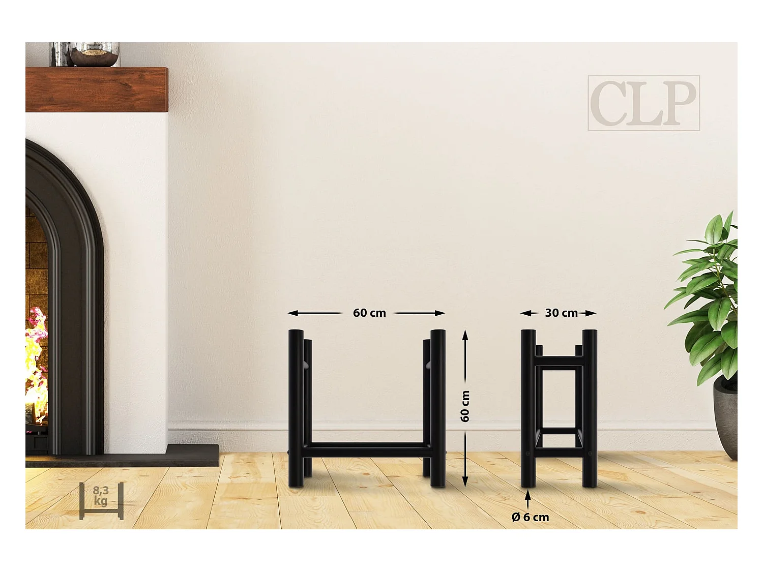 Leñero soportes para leña almacenamiento de metal negro redonda 30x60x60 cm metal M10_000578