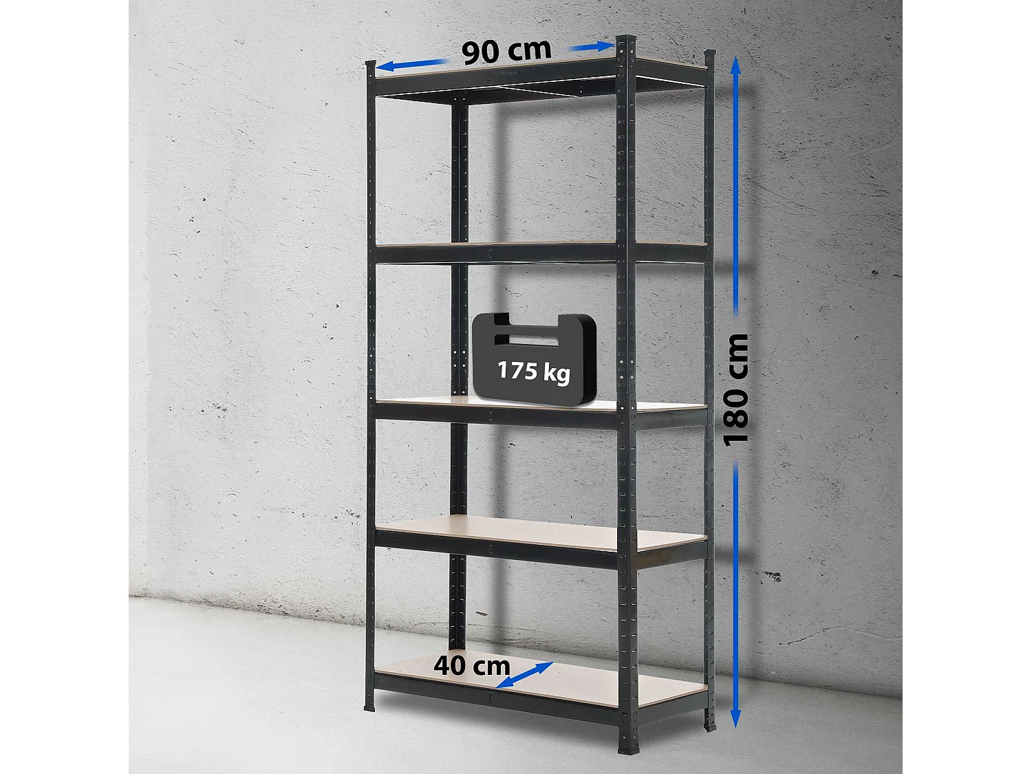 Estantería estante de almacenaje metálica con 5 estantes galvanizada negro 90x40x180 cm M10_000351