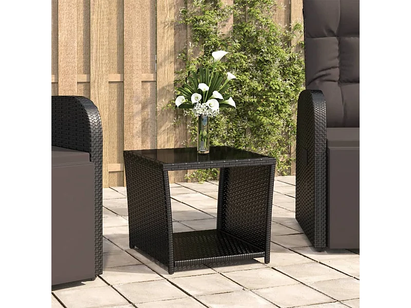 Salontafel met glazen blad poly rattan en gehard glas zwart NL207985