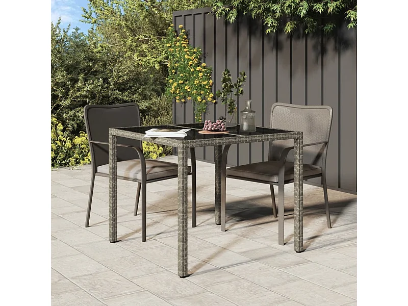 Table de jardin 90x90x75 cm Verre trempé et résine tressée Gris GHR90446