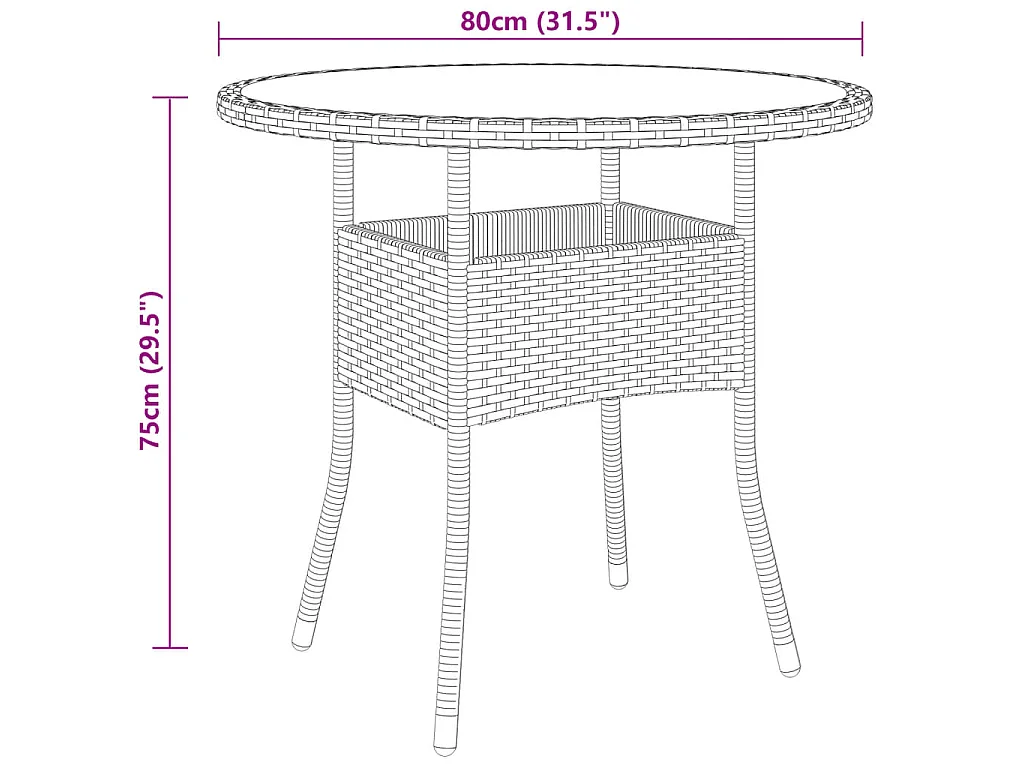 Table de jardin Ø80x75 cm Verre trempé/résine tressée Marron GHR45226