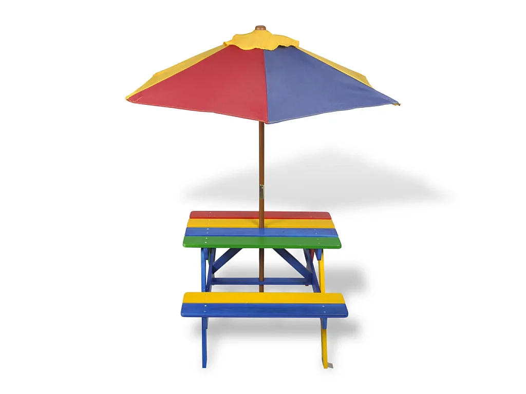 Mesa piquenique infantil + bancos/guarda-sol madeira multicor PT567109