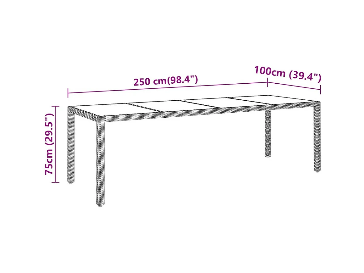 Table de jardin 250x100x75 cm Verre trempé et Résine tressée GHR95738