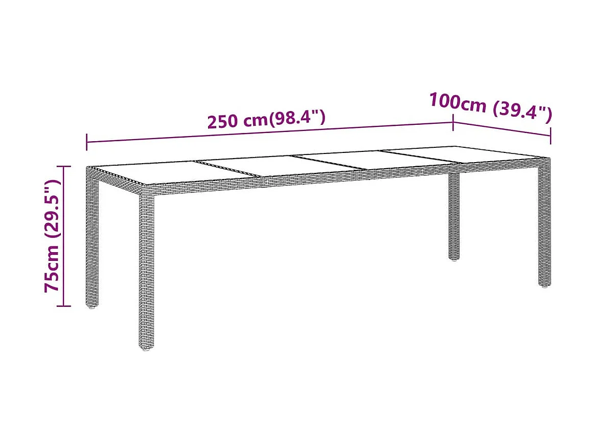 Table de jardin 250x100x75 cm Verre trempé et Résine tressée GHR95738