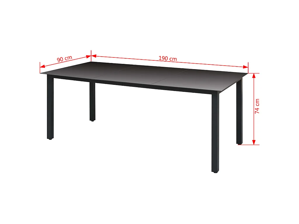 Mesa de comedor de jardín de aluminio y vidrio negra 190x90x74 cm KOW18255