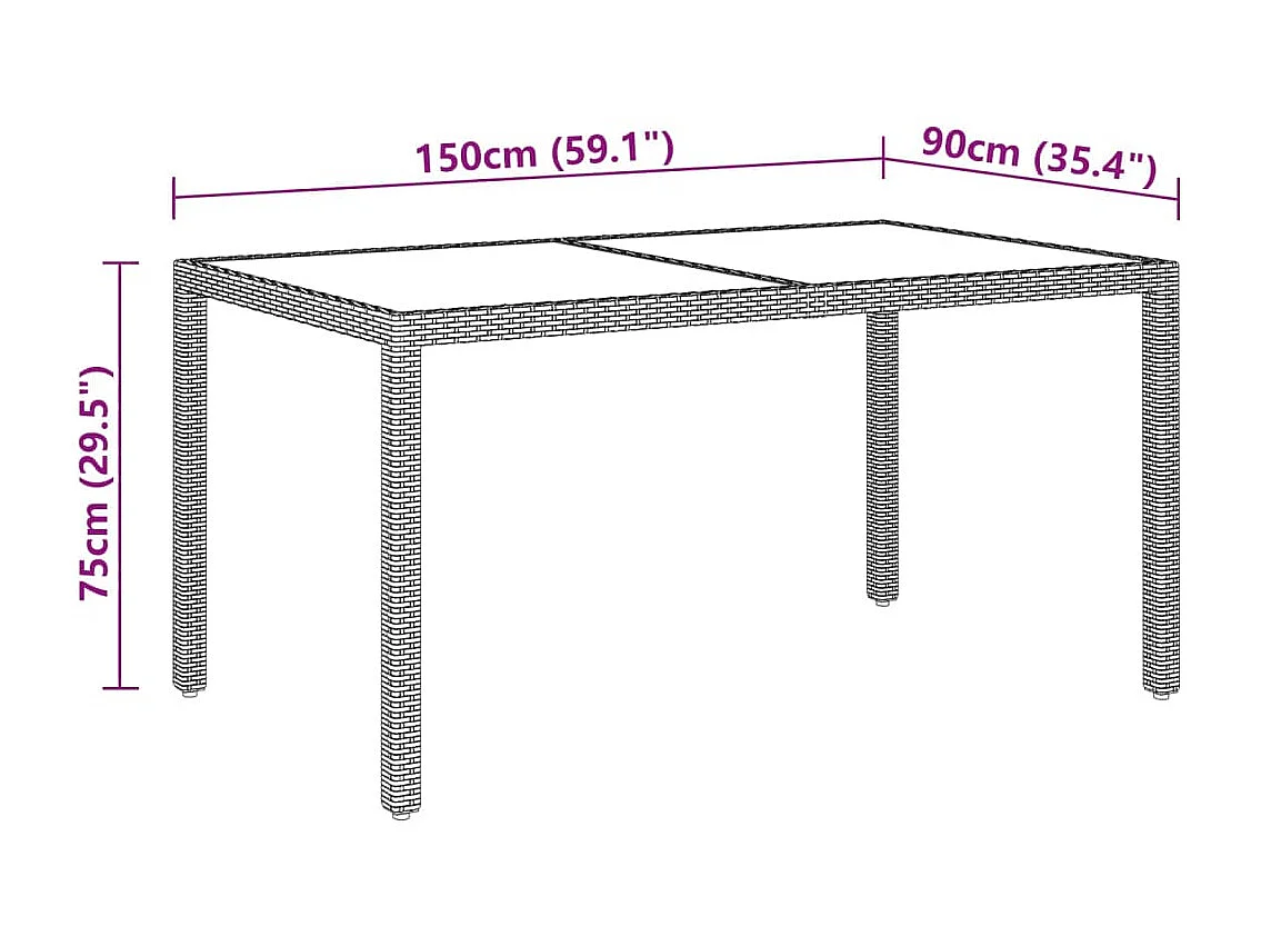 Table de jardin 150x90x75 cm Verre trempé/résine tressée Beige GHR17772