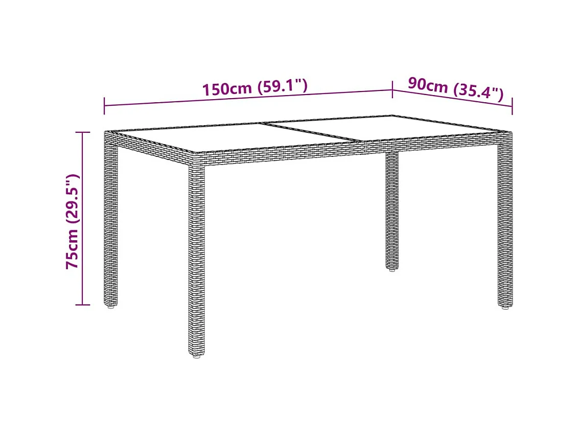 Table de jardin 150x90x75 cm Verre trempé/résine tressée Beige GHR17772