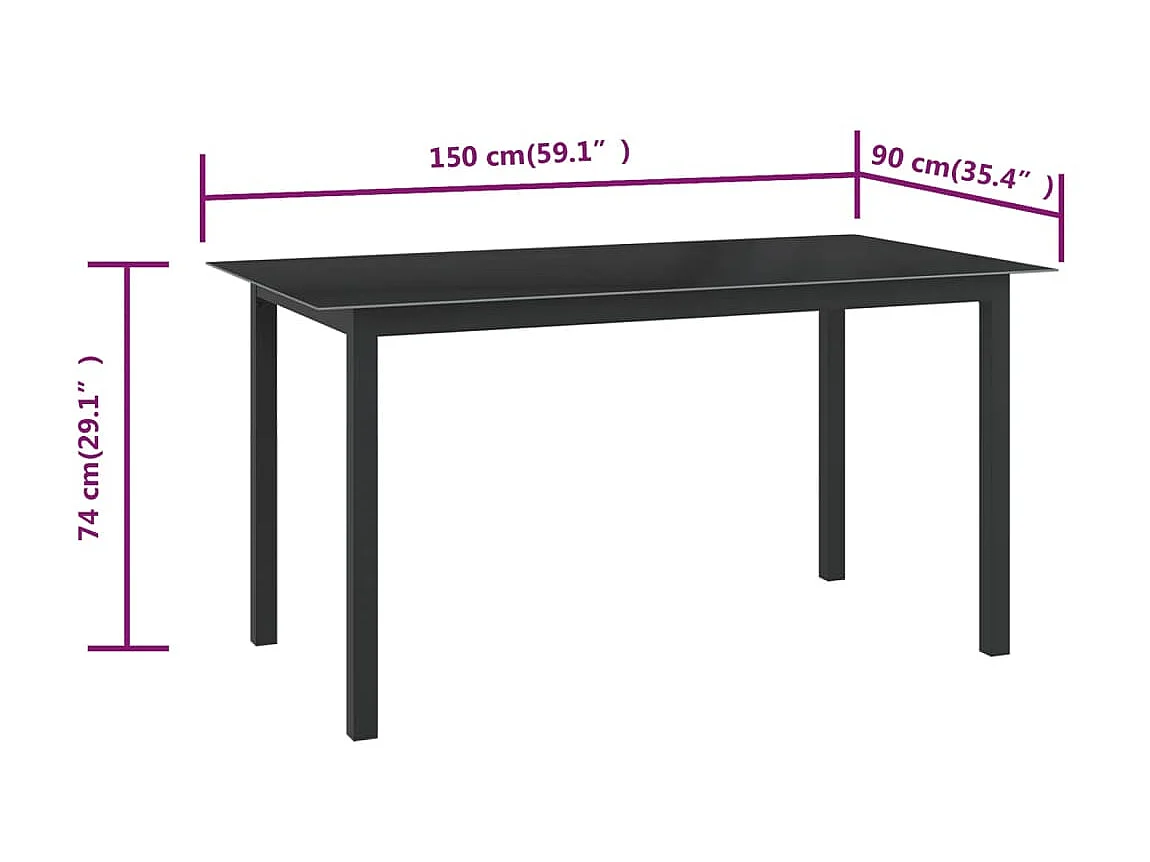 Mesa de comedor de jardín de aluminio y vidrio negro 150x90x74 cm KOW20198