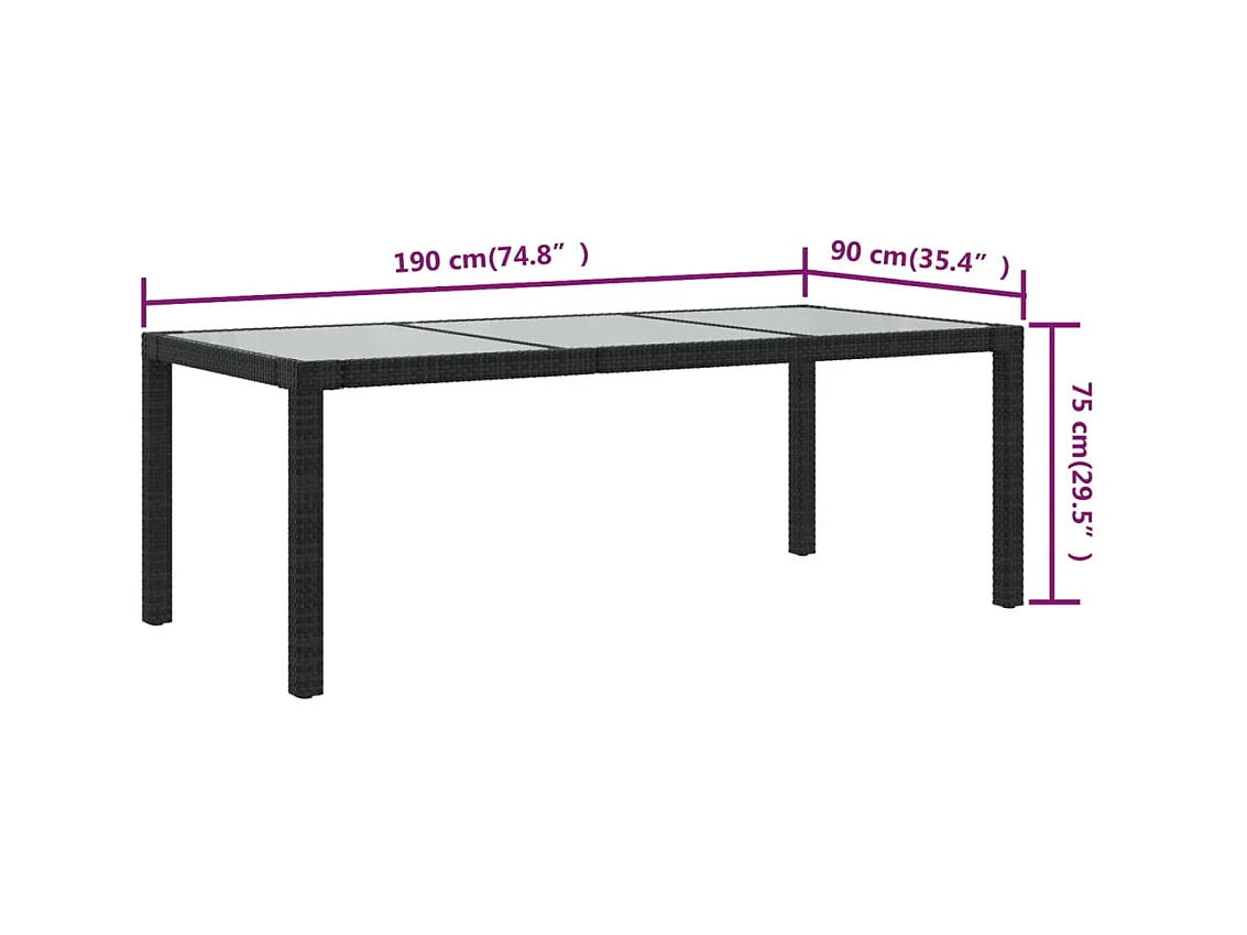 Table de jardin Noir 190x90x75 cm Verre trempé/résine tressée GHR92308