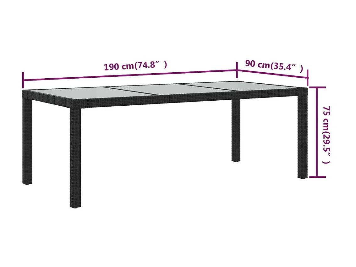 Table de jardin Noir 190x90x75 cm Verre trempé/résine tressée GHR92308