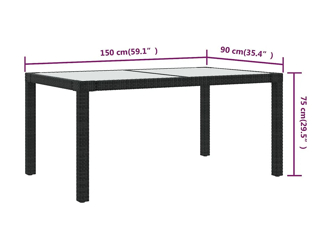 Table de jardin 150x90x75cm Verre trempé et résine tressée Noir GHR34363