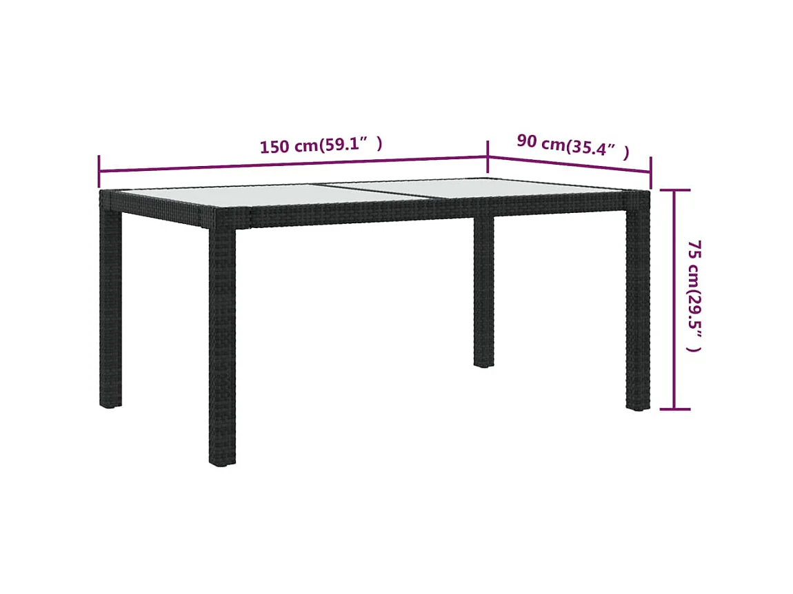 Table de jardin 150x90x75cm Verre trempé et résine tressée Noir GHR34363