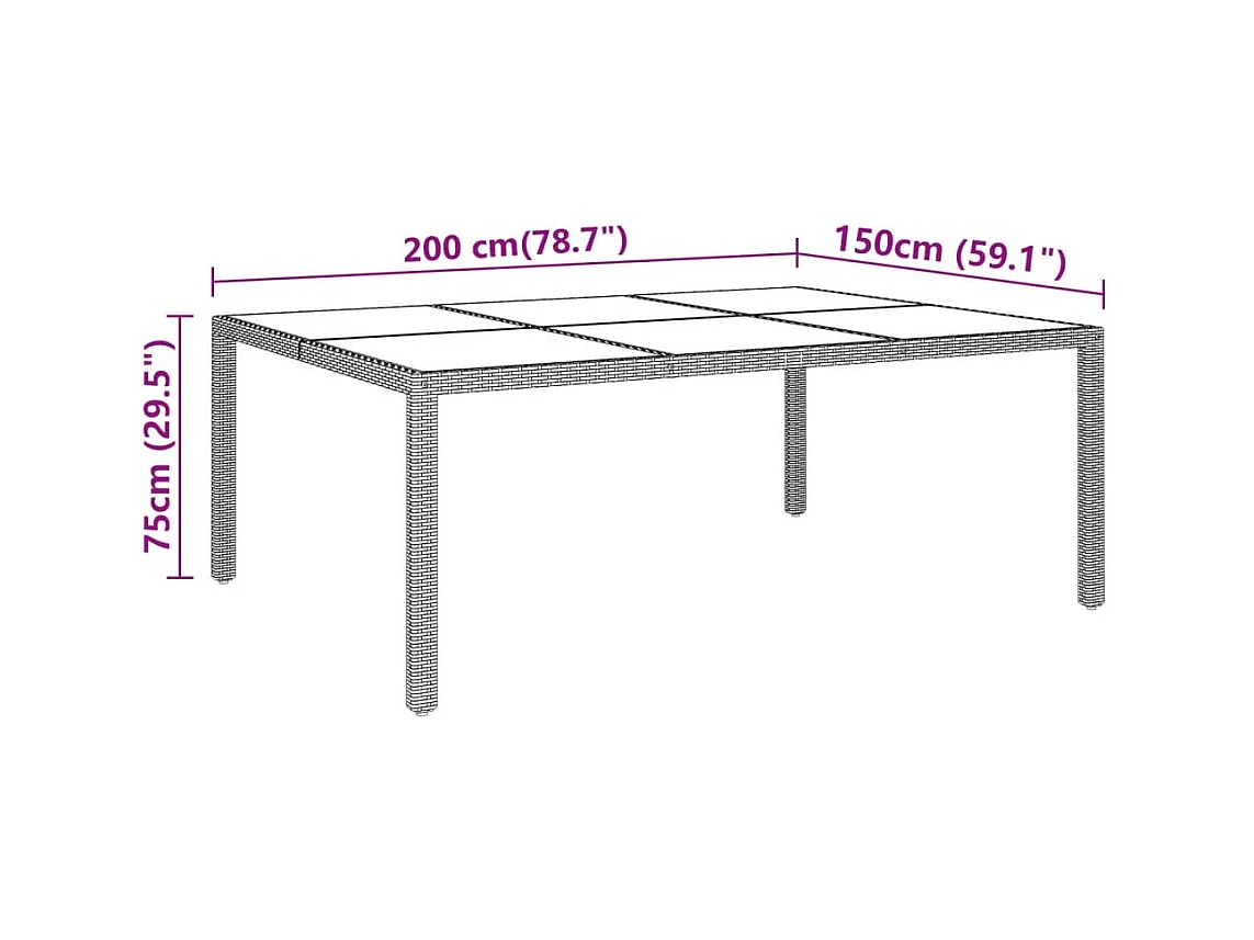Table de jardin 200x150x75 cm Verre trempé/résine tressée Gris GHR95032