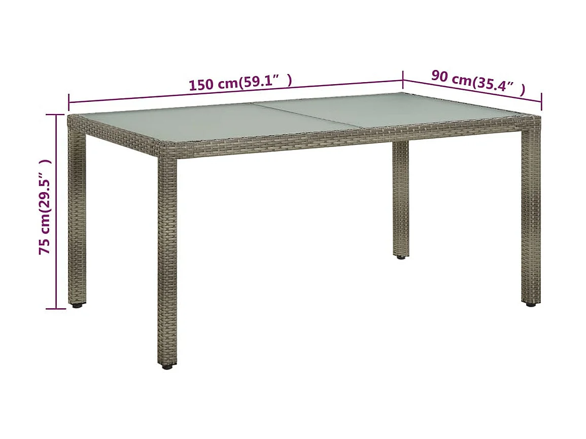 Table de jardin 150x90x75 cm Verre trempé et poly rotin Gris GHR40632