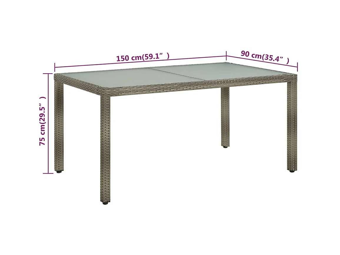 Table de jardin 150x90x75 cm Verre trempé et poly rotin Gris GHR40632