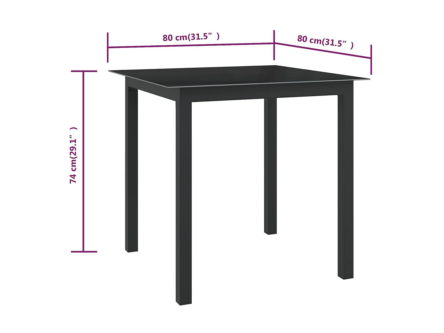 Mesa de comedor de jardín de aluminio y vidrio negro 80x80x74 cm KOW75584