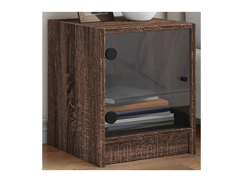 Table de chevet avec porte en verre chêne marron 35x37x42 cm GHR20217