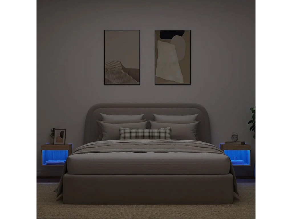 Lot de 2 Tables de chevet murales avec lumières LED chêne sonoma GHR54724