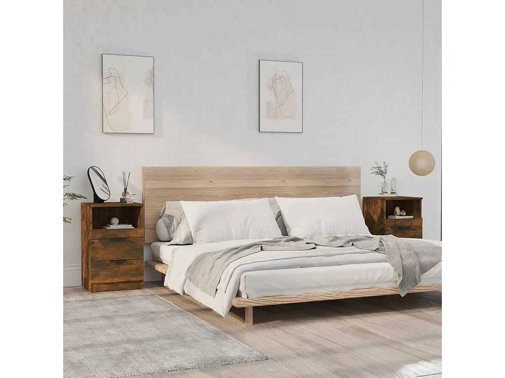 Lote de 2 Mesitas de noche madera contrachapada color roble ahumado ES72831