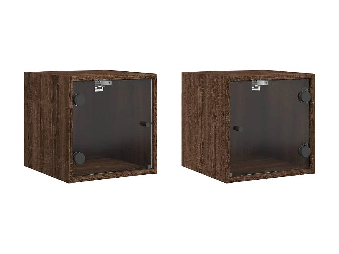 Lot de 2 Tables de chevet et portes vitrées chêne marron 35x37x35cm GHR56425