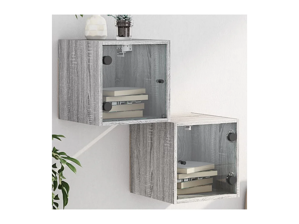 Lot de 2 Tables de chevet et portes vitrées sonoma gris 35x37x35cm GHR85658