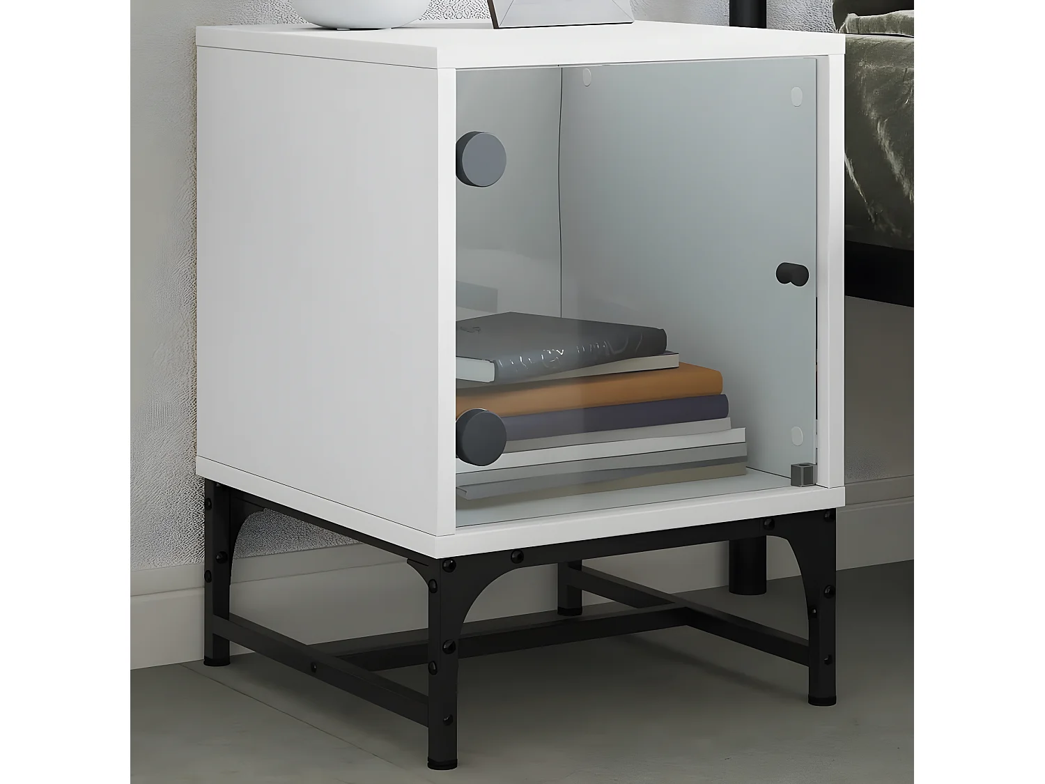 Table de chevet avec porte en verre blanc 35x37x50 cm GHR18452