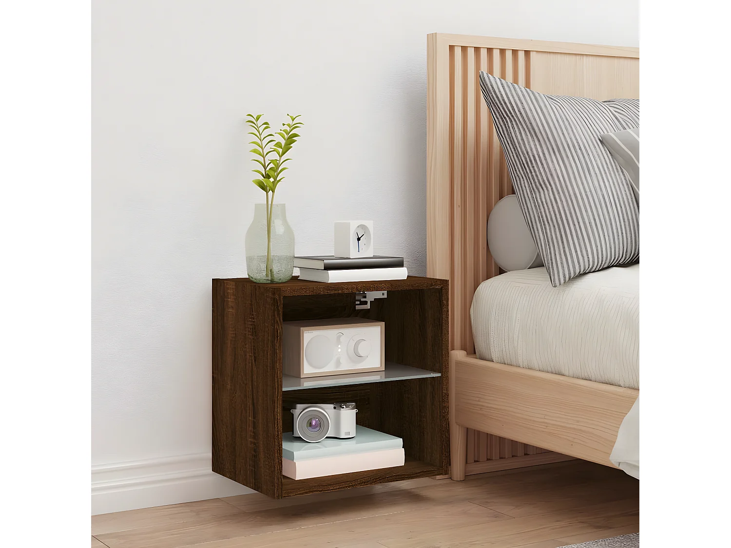 Mesita de noche de pared con luces LED roble marrón ES19335