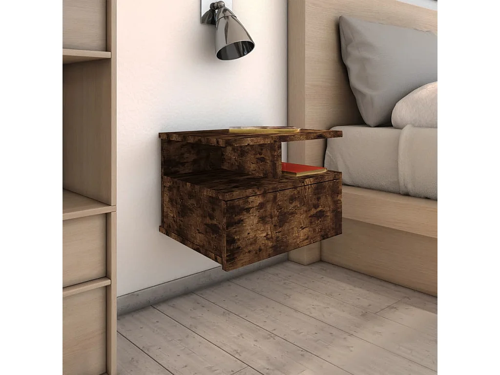 Lote de 2 Mesitas de noche flotante madera roble ahumado 40x31x27 cm ES41834