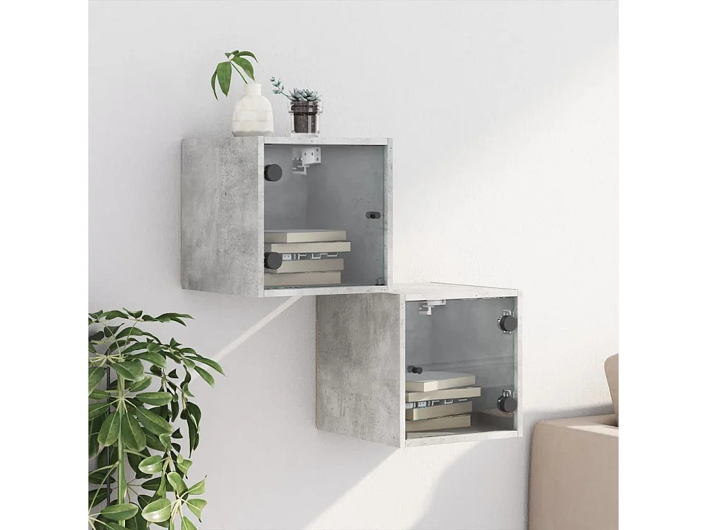 Lot de 2 Tables de chevet et portes vitrées gris béton 35x37x35 cm GHR98316