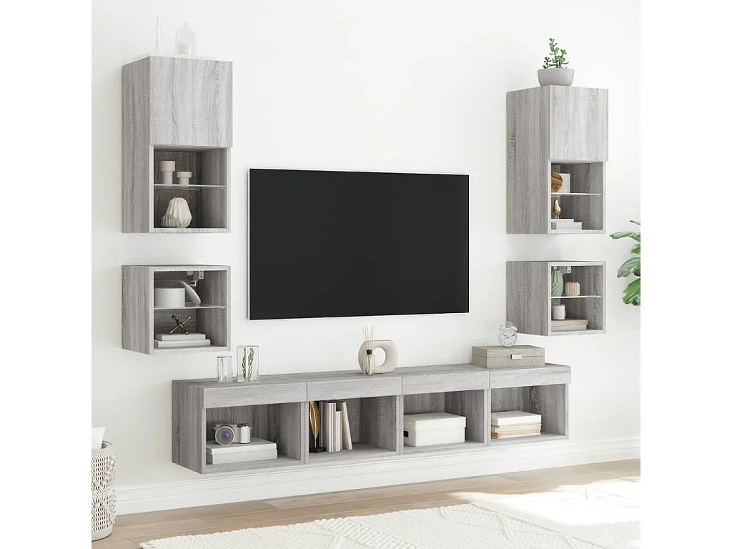 Mesitas de noche de pared con luces LED 2 uds gris Sonoma ES607860