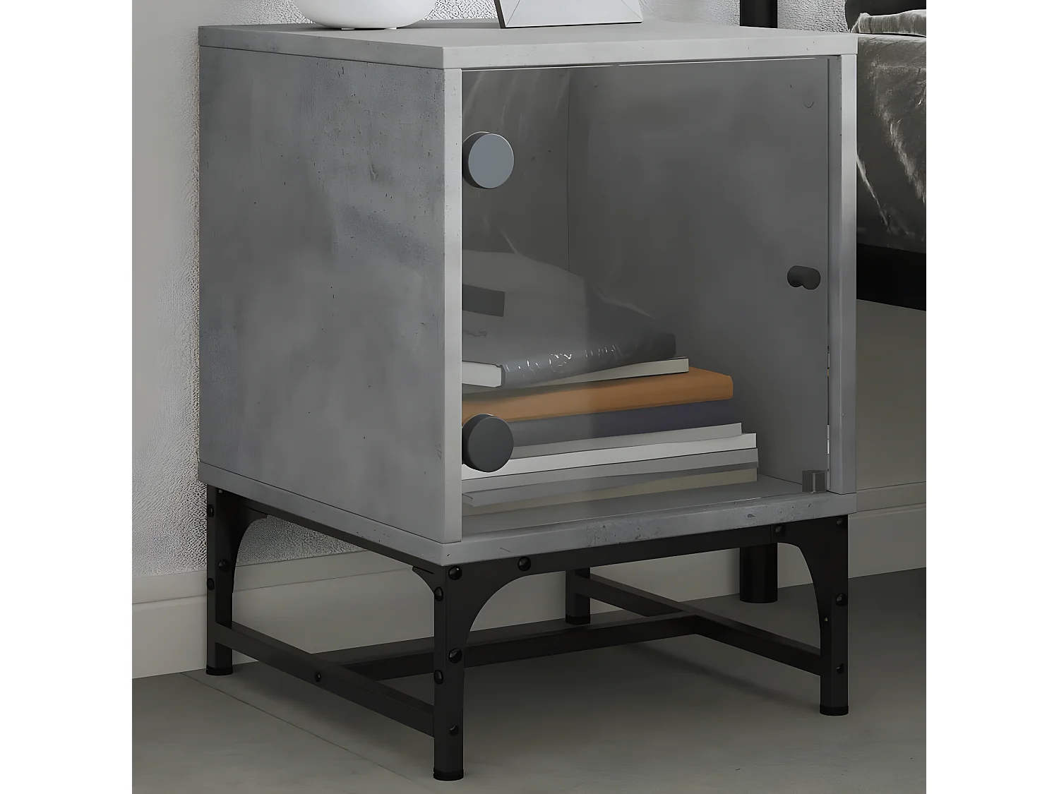 Lot de 2 Tables de chevet et portes vitrées gris béton 35x37x50 cm GHR10689