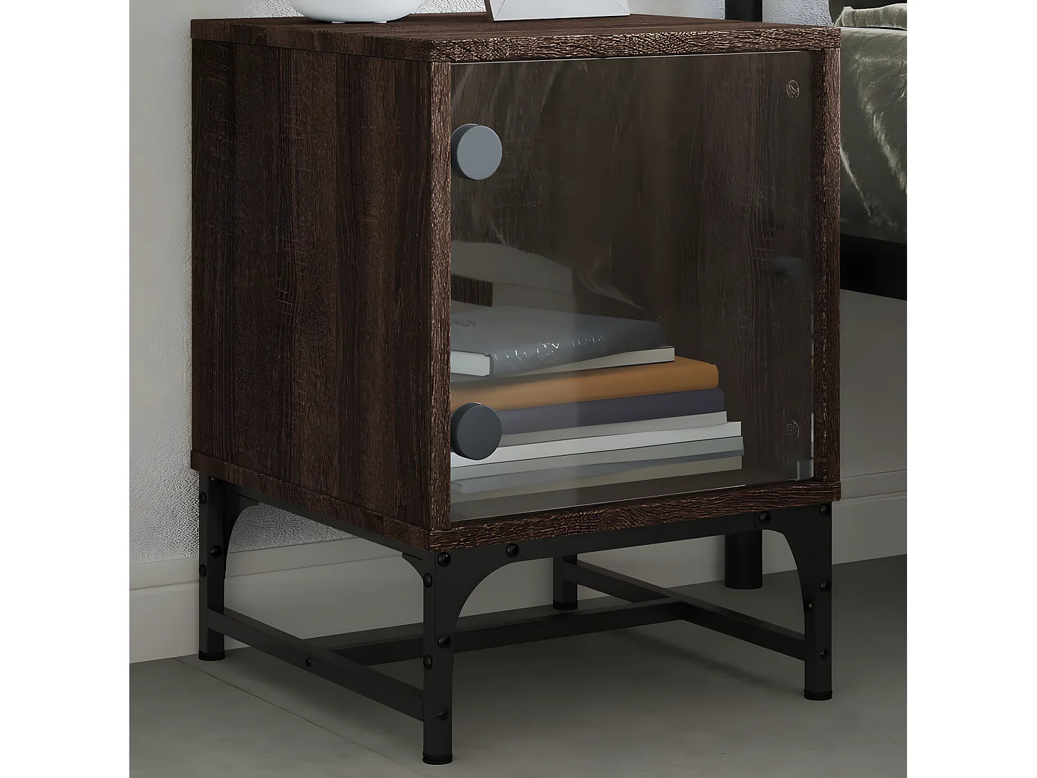 Lot de 2 Tables de chevet et portes vitrées chêne marron 35x37x50cm GHR88781