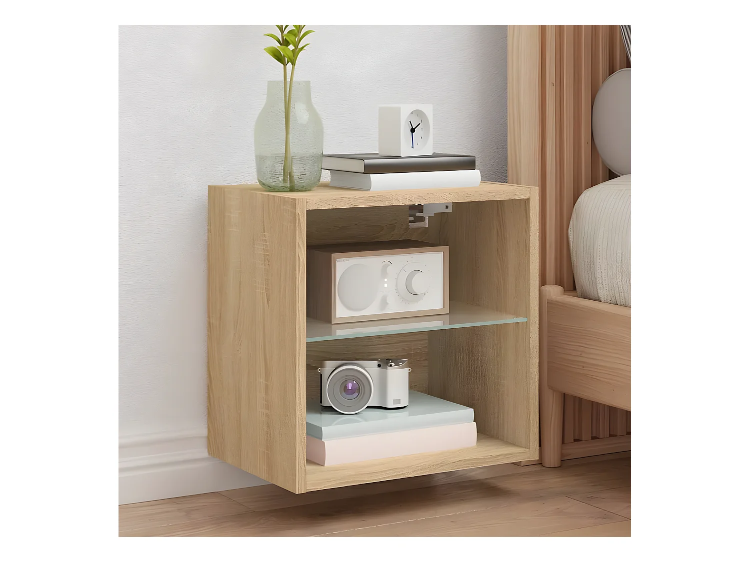 Lot de 2 Tables de chevet murales avec lumières LED chêne sonoma GHR91818