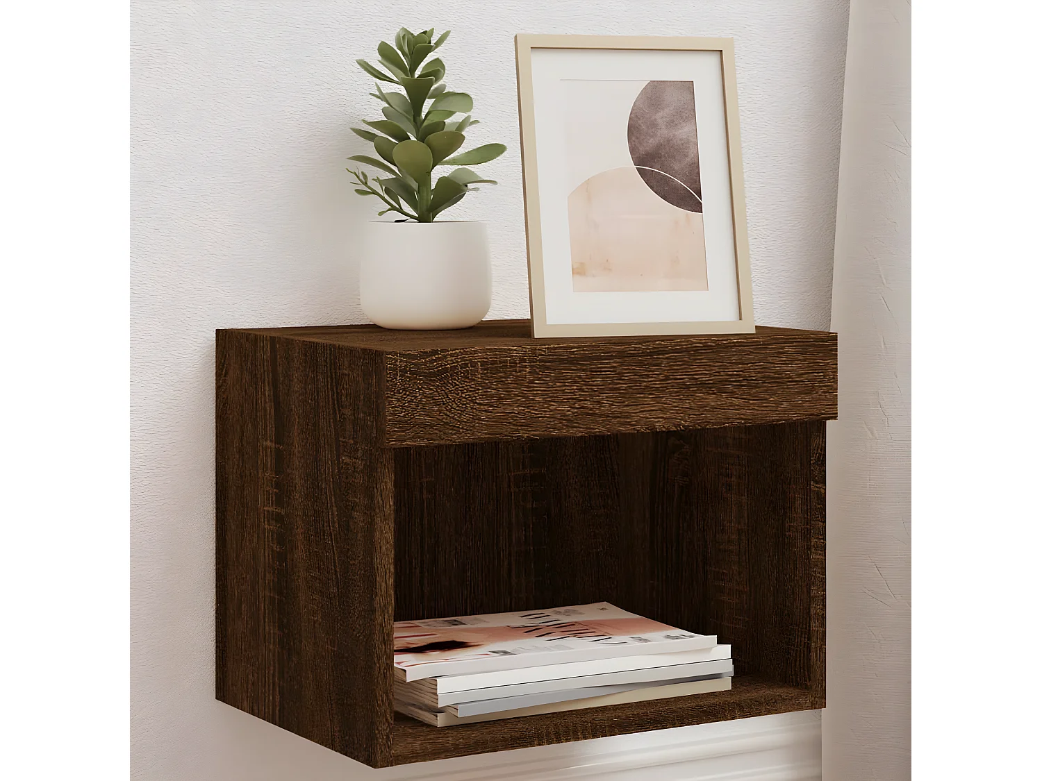 Lot de 2 Tables de chevet murales avec lumières LED chêne marron GHR56104