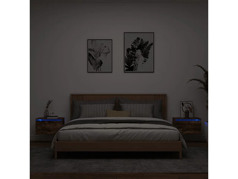 Lote de 2 Mesitas de noche de pared con luces LED roble ahumado ES72809