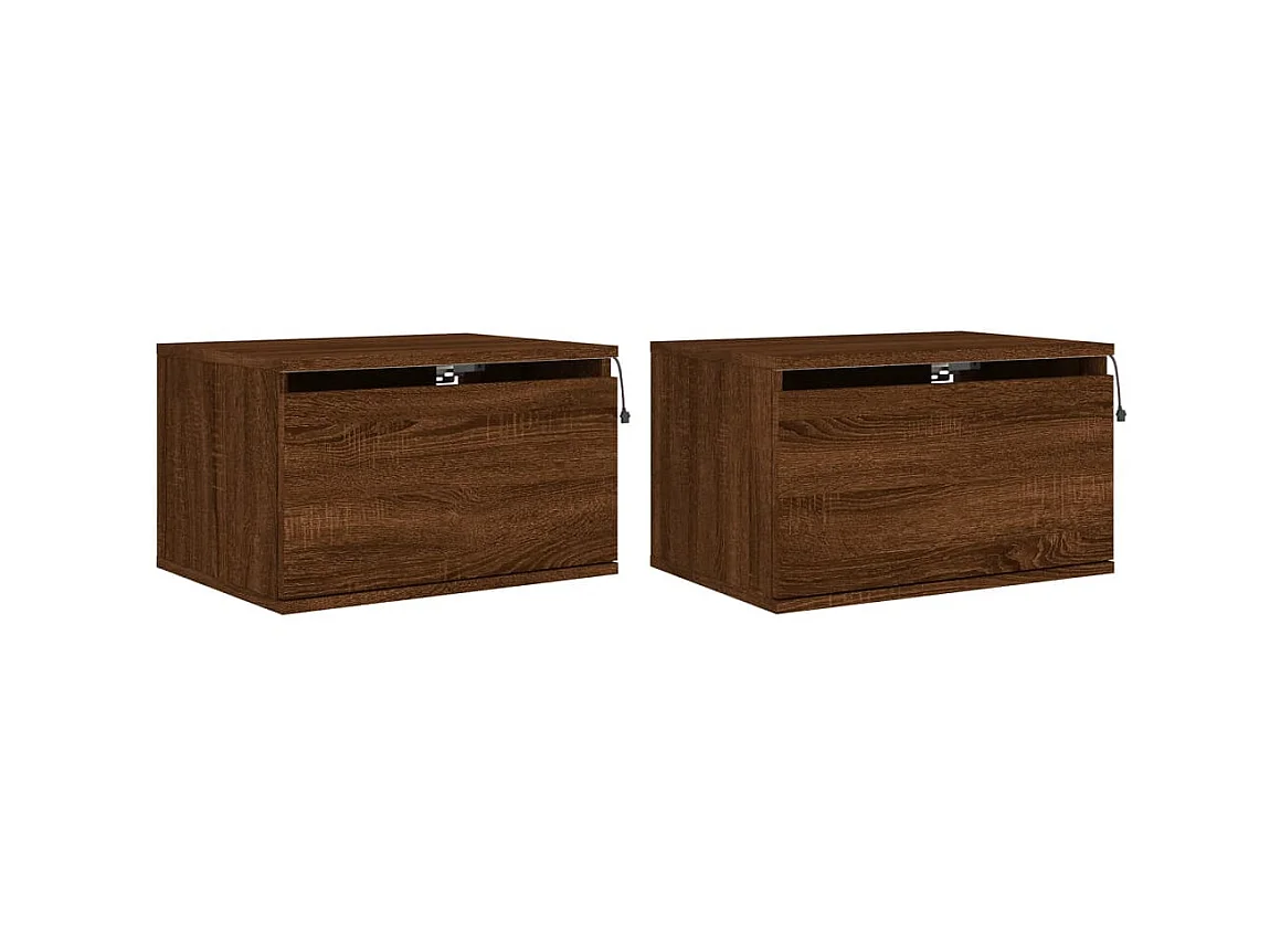 Lot de 2 Tables de chevet murales avec lumières LED chêne marron GHR78193