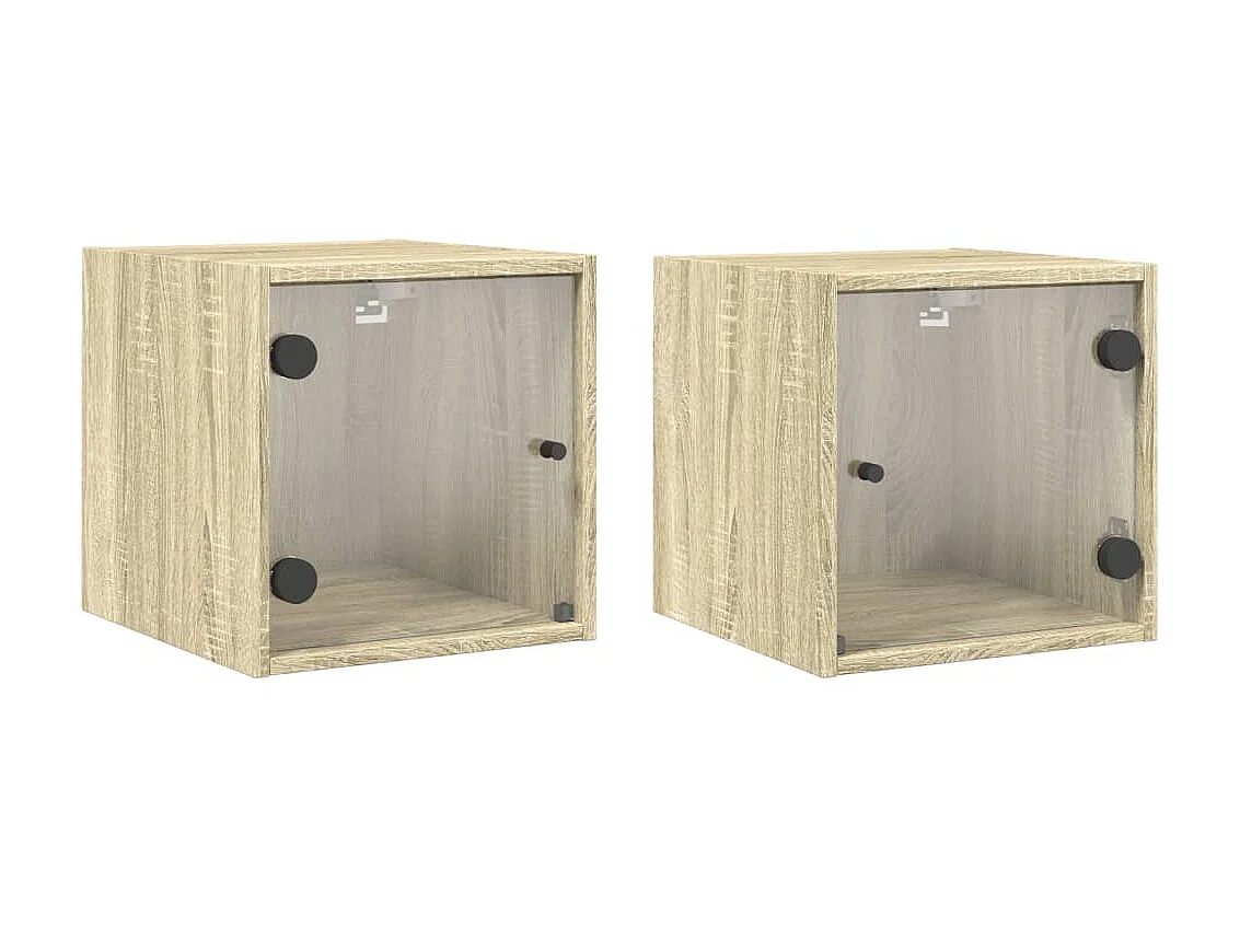 Lot de 2 Tables de chevet et portes vitrées chêne sonoma 35x37x35cm GHR81016