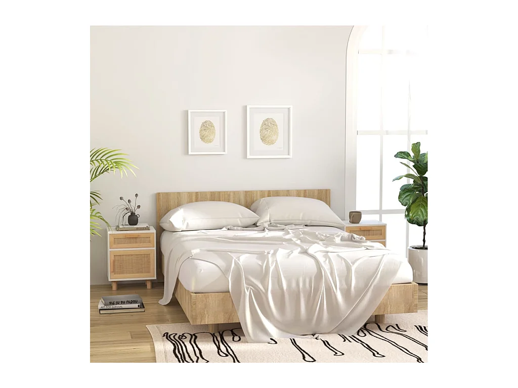 Lot de 2 Tables de chevet Blanc Bois de pin massif et rotin naturel GHR34604