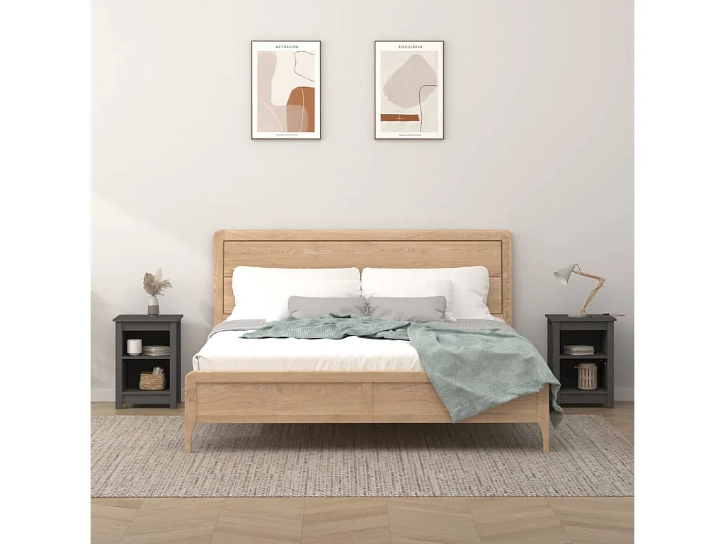 Lote de 2 Mesitas de noche madera maciza de pino gris 40x35x55 cm ES57407