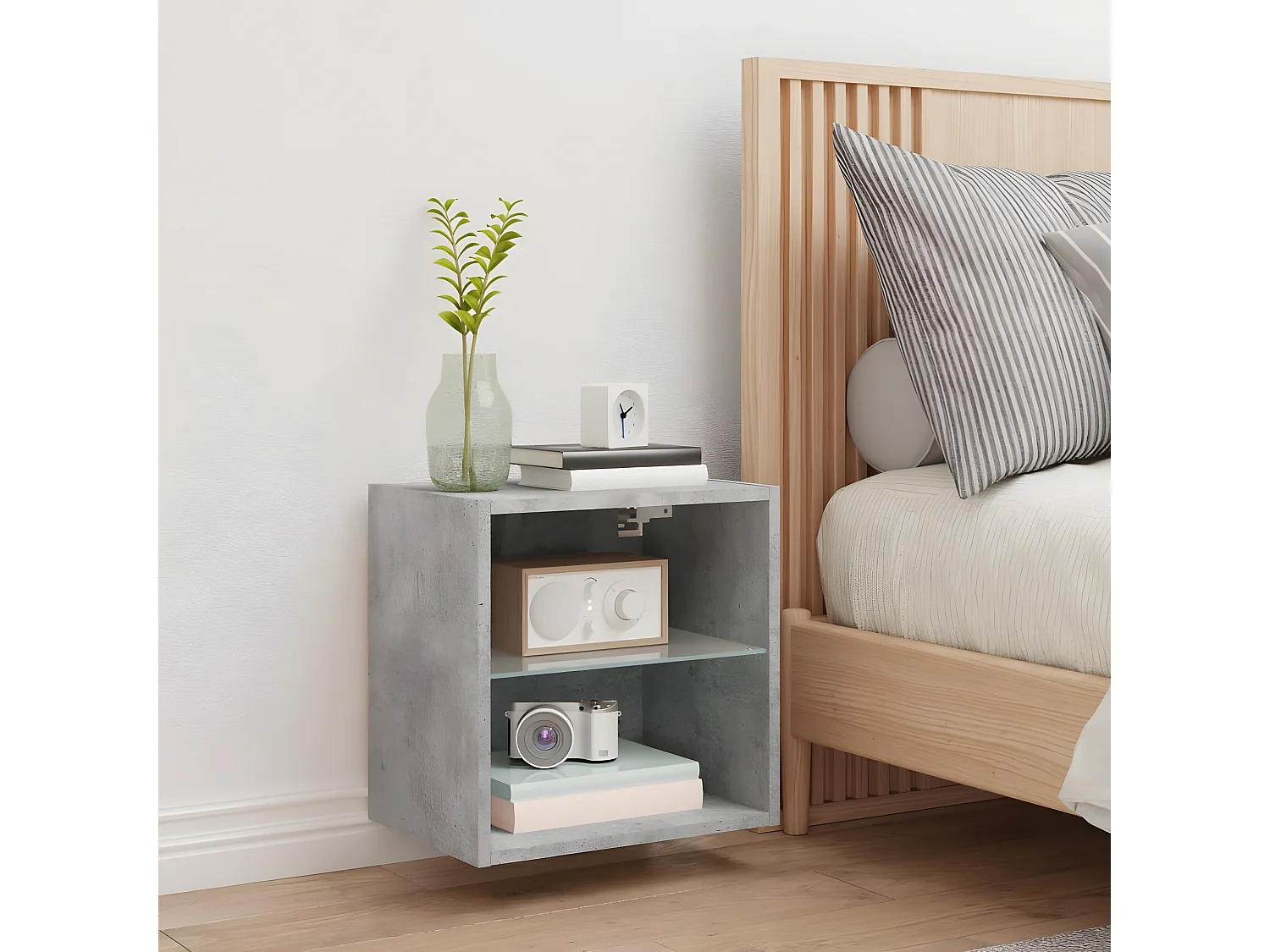 Table de chevet murale avec lumières LED gris béton GHR26547