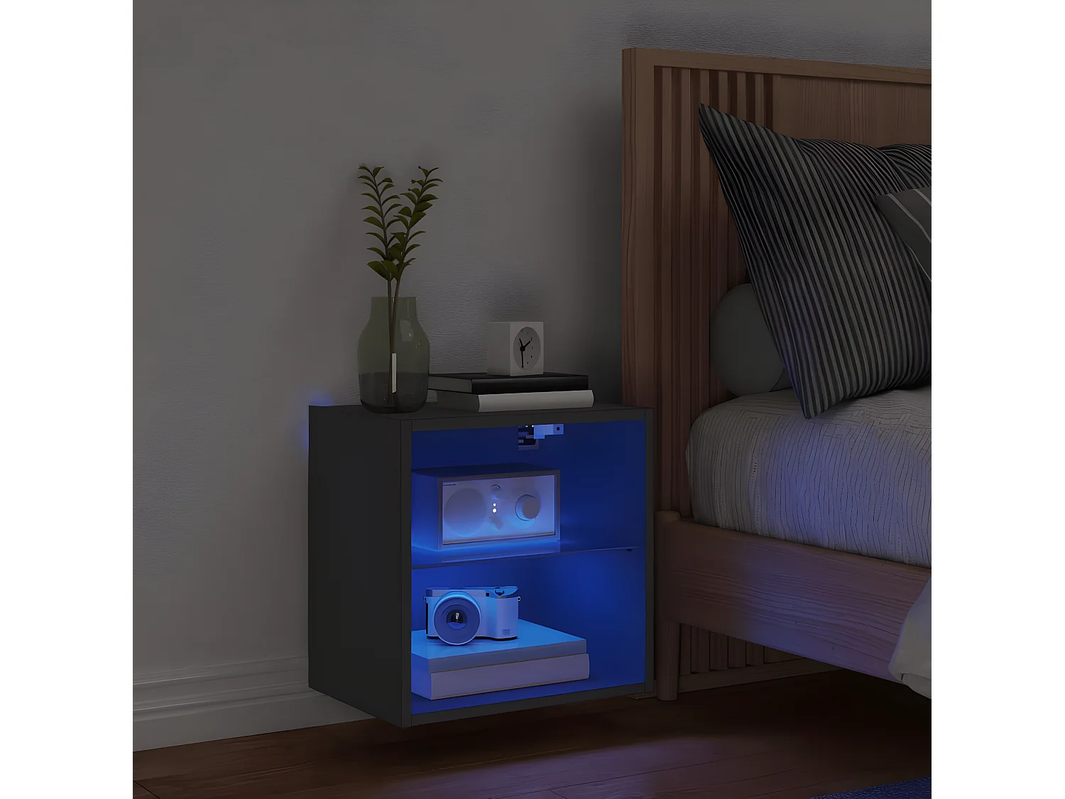 Mesita de noche de pared con luces LED negro ES64378